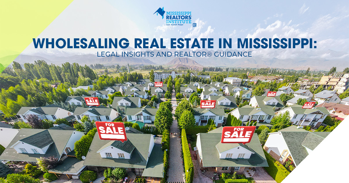 Aerial view of a residential neighborhood with multiple homes displaying “For Sale” signs, used to illustrate wholesaling real estate in Mississippi.