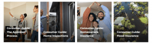 Collection of National Association of REALTORS® Consumer Guides covering the home appraisal process, home inspections, homeowners insurance, and flood insurance.