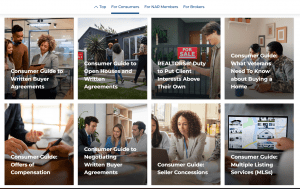 Grid of National Association of REALTORS® Consumer Guides covering written buyer agreements, open houses, REALTOR® duties, veteran homebuying, offers of compensation, negotiating agreements, seller concessions, and MLS services.